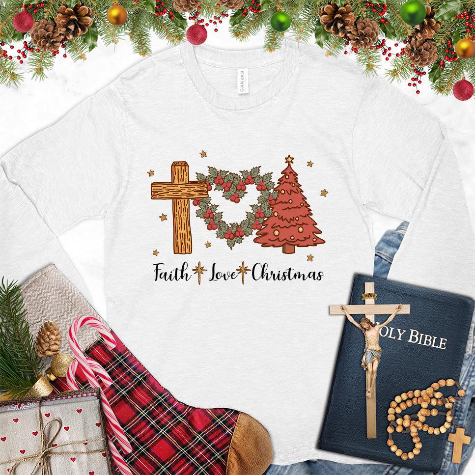 Faith Love Christmas Colored Edition Long Sleeves White - Holiday-inspired long sleeve tee with Christmas tree and cross design.