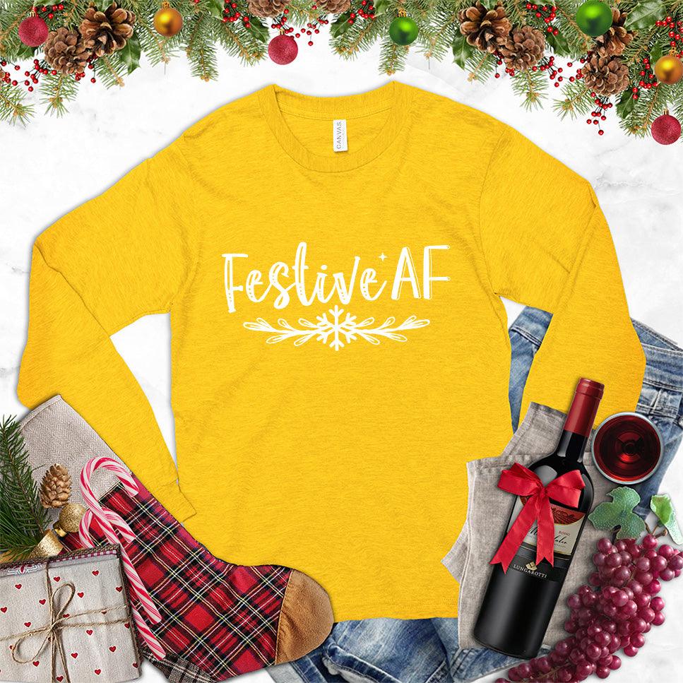 Festive AF Long Sleeves Gold - Long sleeve tee with 'Festive AF' design, perfect for holiday celebrations.