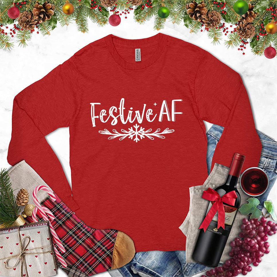 Festive AF Long Sleeves Red - Long sleeve tee with 'Festive AF' design, perfect for holiday celebrations.