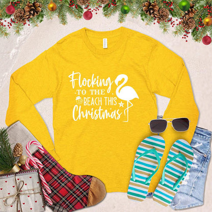 Flocking To The Beach Long Sleeves Gold - Playful holiday long sleeve shirt with beach-inspired graphic, perfect for seasonal celebrations