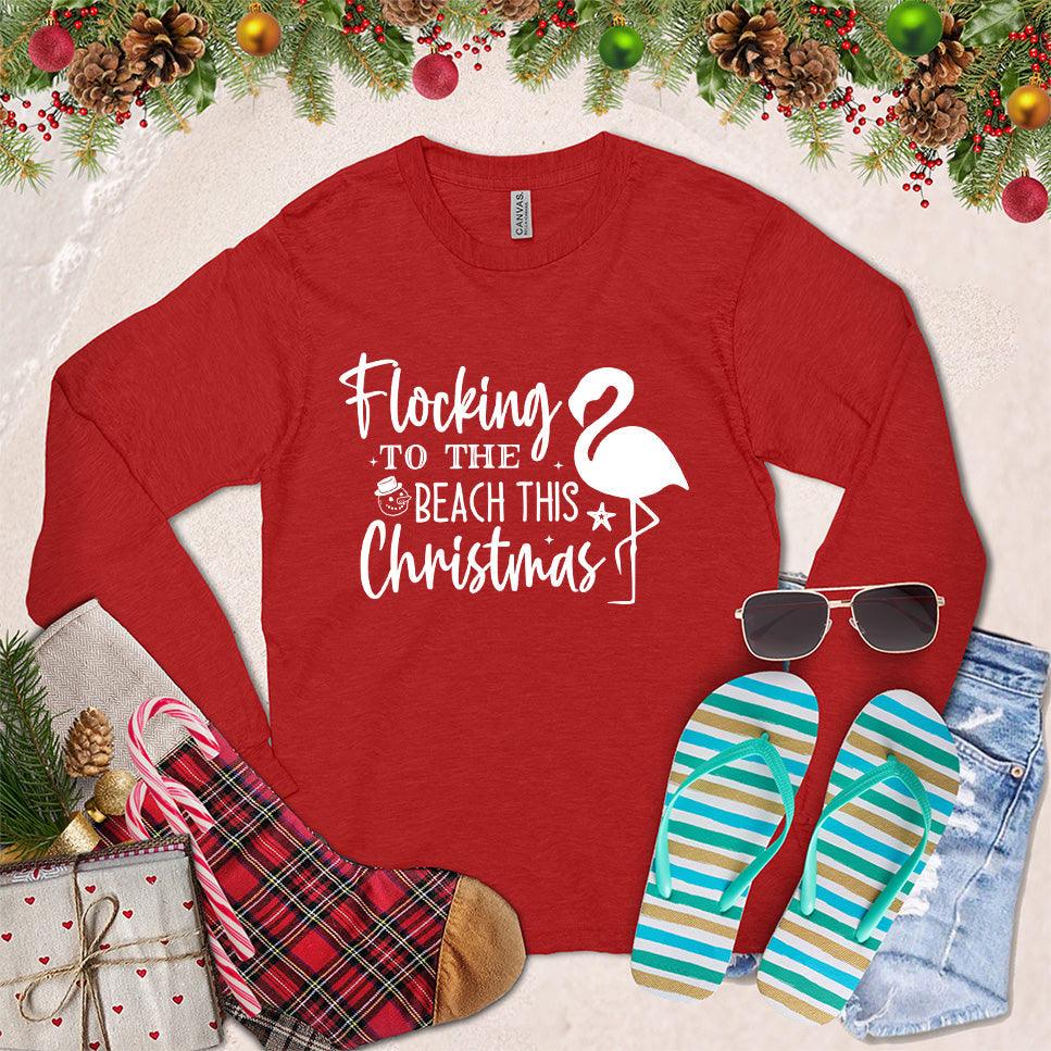 Flocking To The Beach Long Sleeves Red - Playful holiday long sleeve shirt with beach-inspired graphic, perfect for seasonal celebrations