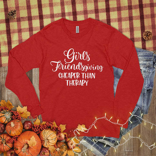 Girls Friendsgiving Cheaper Than Therapy Long Sleeves Red - Festive Friendsgiving themed long sleeve shirt with playful text for autumn gatherings