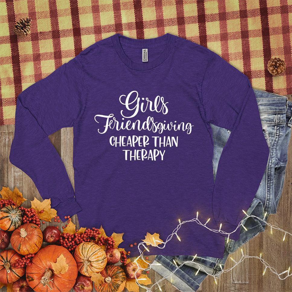 Girls Friendsgiving Cheaper Than Therapy Long Sleeves Team Purple - Festive Friendsgiving themed long sleeve shirt with playful text for autumn gatherings