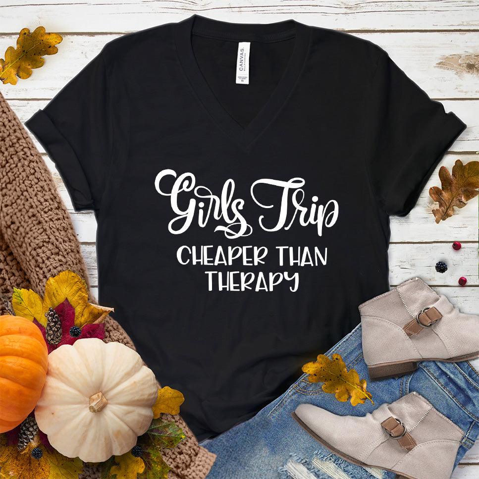 Girls Trip V-Neck Black - Girls Trip V-Neck T-shirt with fun quote, ideal for group travel and bonding.