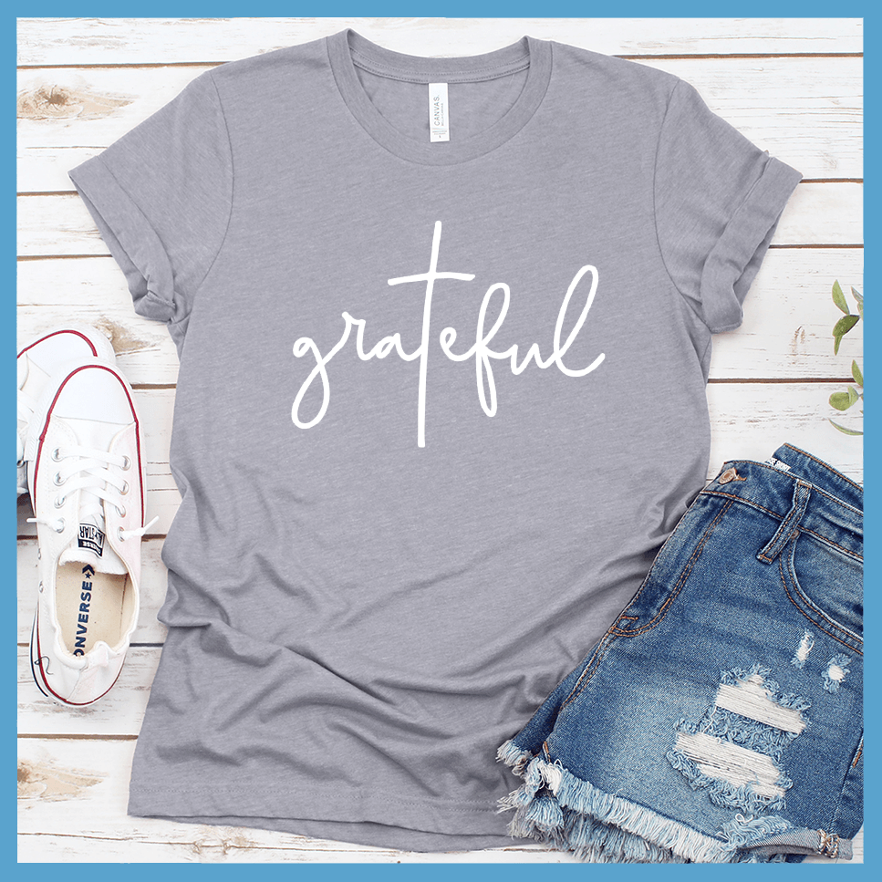 Grateful T-Shirt Heather Storm - Grateful cursive script on casual t-shirt for a positive vibe