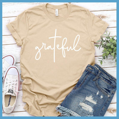 Grateful T-Shirt Soft Cream - Grateful cursive script on casual t-shirt for a positive vibe