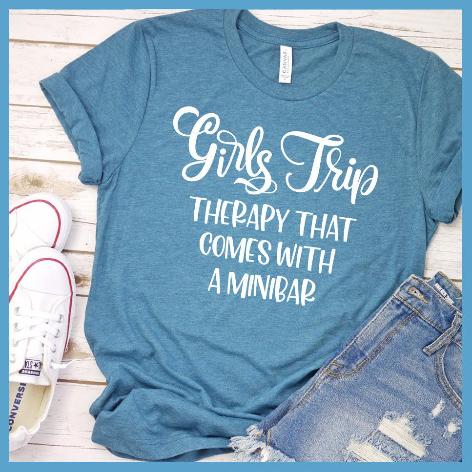 Girls Trip - Therapy That Comes With A Minibar T-Shirt Heather Deep Teal - Illustrated Girls Trip t-shirt with fun friendship quote, perfect for group travel and bonding