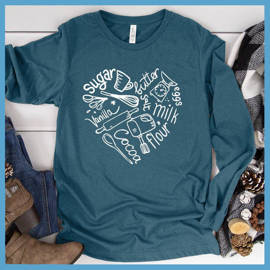 Bakery Heart Long Sleeves Heather Deep Teal - Trendy long-sleeve tee with playful baking-themed graphics, perfect for casual style.