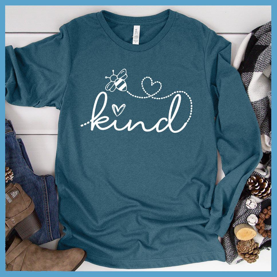 Bee Kind Long Sleeves Heather Deep Teal - Graphic Bee Kind long sleeve tee with heart design promoting positivity and kindness.