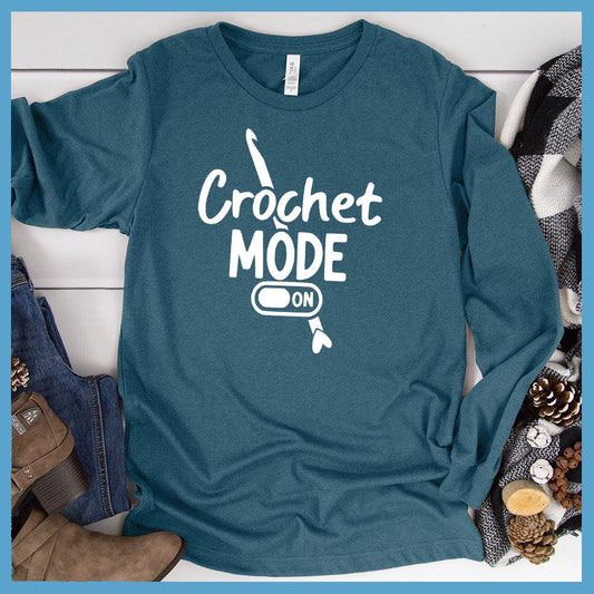 Crochet Mode ON Long Sleeves Heather Deep Teal - Long-sleeve top with "Crochet Mode ON" design for craft enthusiasts.