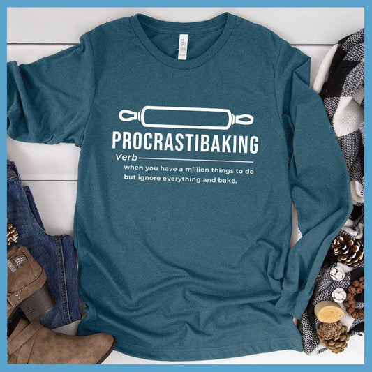 Procrastibaking Long Sleeves Heather Deep Teal - Happy Procrastibaker – Long Sleeve Shirt with Funny Baking Quote Design