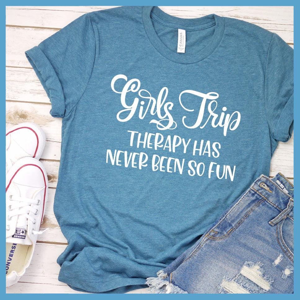 Girls Trip - Therapy Has Never Been So Fun T-Shirt Heather Deep Teal - Illustration of joyful Girls Trip slogan on casual t-shirt for fun outings with friends.