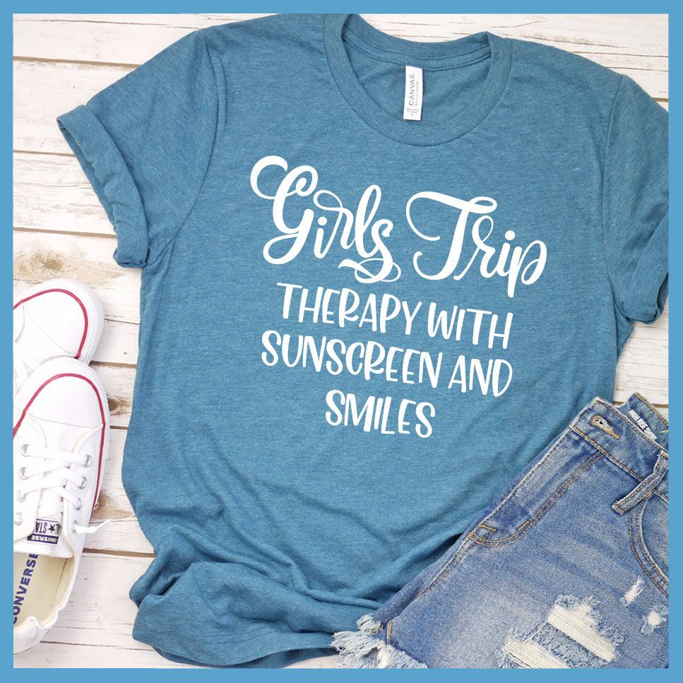 Girls Trip - Therapy With Sunscreen And Smiles T-Shirt Heather Deep Teal - Graphic tee with Girls Trip quote, perfect for group holidays and connecting with friends.