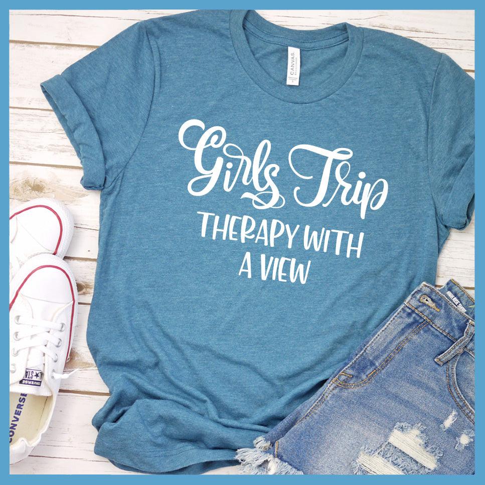 Girls Trip - Therapy With A View T-Shirt Heather Deep Teal - T-shirt with "Girls Trip Therapy With A View" text, perfect for friendship outings and memories.