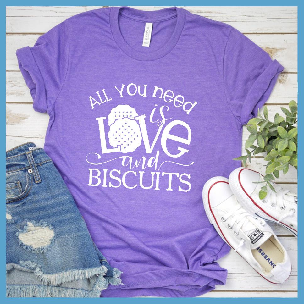 All You Need is Love and Biscuits T-Shirt Heather Purple - Graphic tee with "All You Need is Love and Biscuits" print, perfect for casual outings