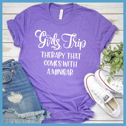 Girls Trip - Therapy That Comes With A Minibar T-Shirt Heather Purple - Illustrated Girls Trip t-shirt with fun friendship quote, perfect for group travel and bonding
