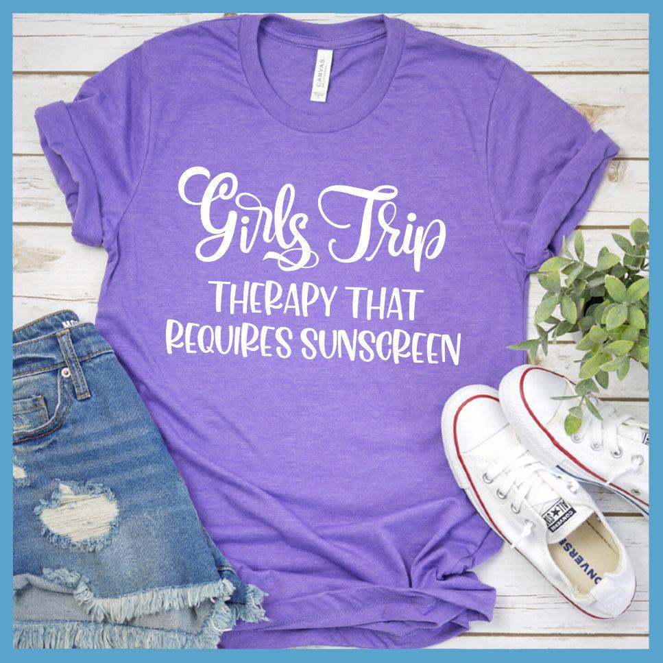Girls Trip - Therapy That Requires Sunscreen T-Shirt Heather Purple - Fun and casual 'Girls Trip' t-shirt with playful sunscreen-themed phrase perfect for travel and friendship.