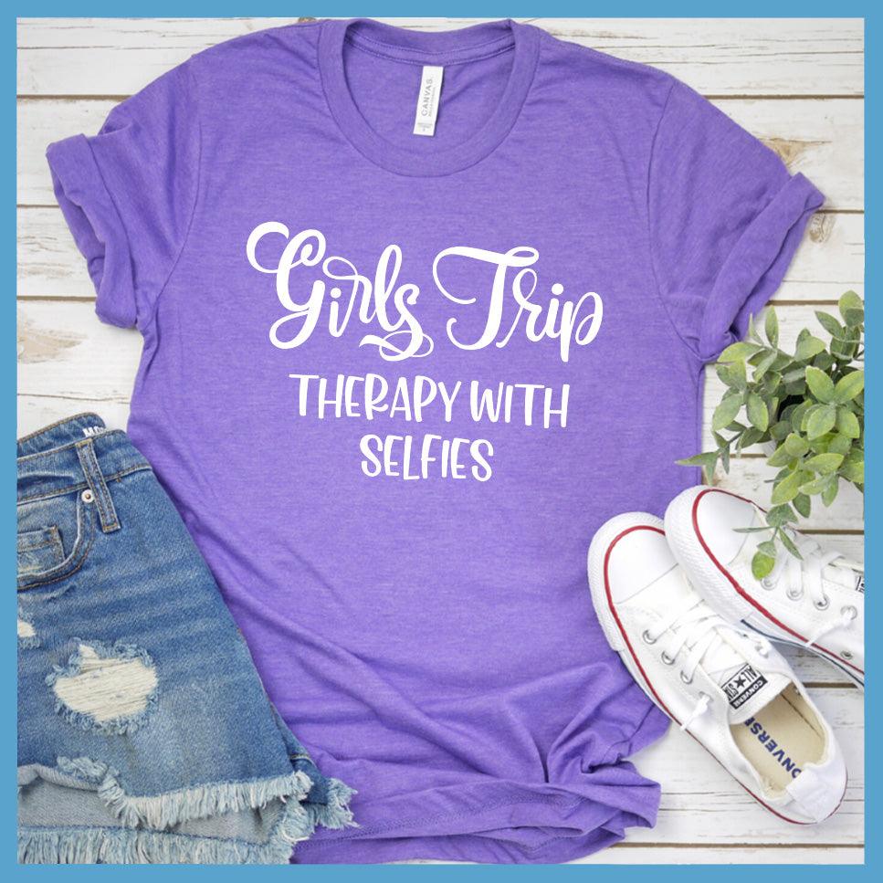 Girls Trip - Therapy With Selfies T-Shirt Heather Purple - Illustrated women's t-shirt with Girls Trip and Therapy With Selfies text, perfect for friends.