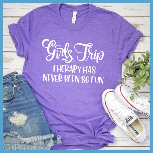Girls Trip - Therapy Has Never Been So Fun T-Shirt Heather Purple - Illustration of joyful Girls Trip slogan on casual t-shirt for fun outings with friends.