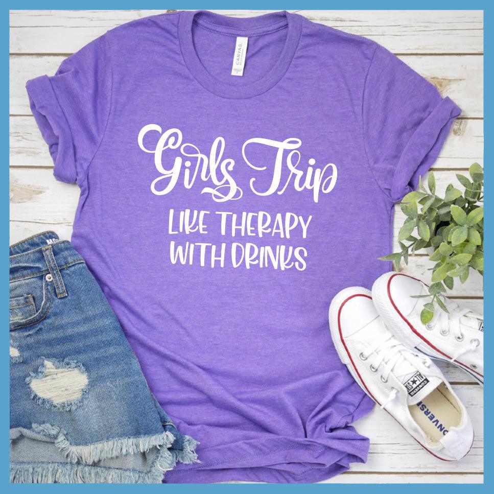 Girls Trip - Like Therapy With Drinks T-Shirt Heather Purple - Graphic tee with "Girls Trip - Like Therapy With Drinks" fun slogan for BFF outings and vacations.