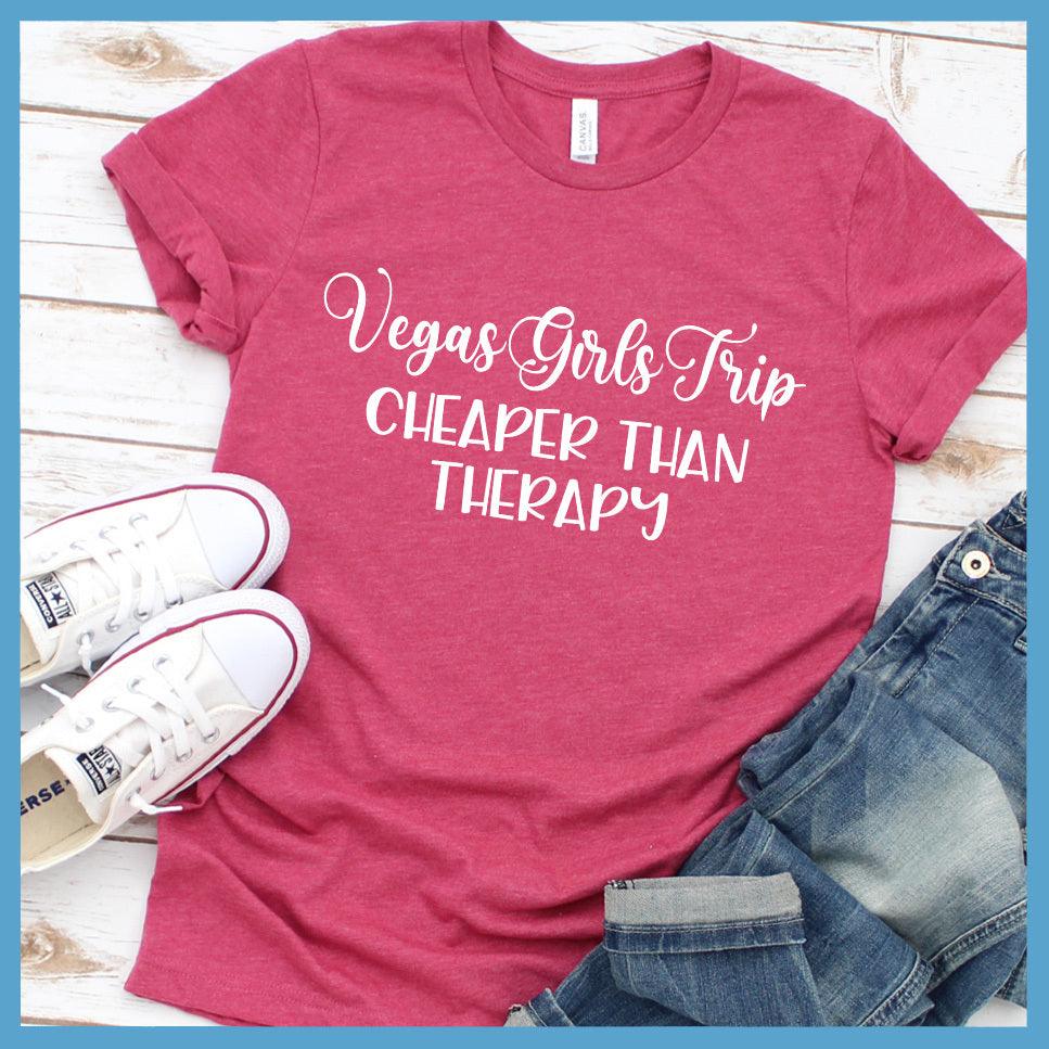 Vegas Girls Trip T-Shirt Heather Raspberry - Fun group travel tee with "Vegas Girls Trip Cheaper Than Therapy" slogan for memorable escapades.