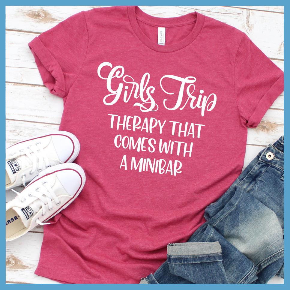 Girls Trip - Therapy That Comes With A Minibar T-Shirt Heather Raspberry - Illustrated Girls Trip t-shirt with fun friendship quote, perfect for group travel and bonding