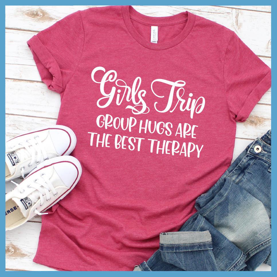 Girls Trip - Group Hugs Are The Best Therapy T-Shirt Heather Raspberry - Friendship-themed t-shirt with phrase 'Girls Trip - Group Hugs Are The Best Therapy'.