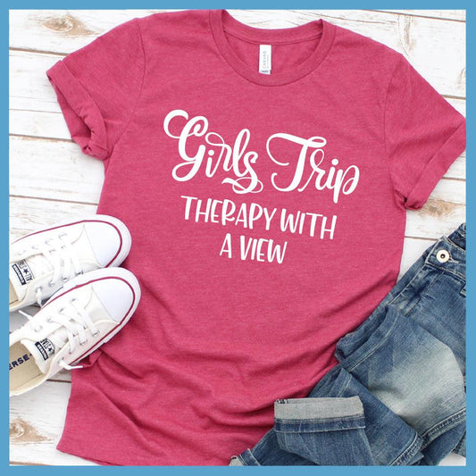 Girls Trip - Therapy With A View T-Shirt Heather Raspberry - T-shirt with "Girls Trip Therapy With A View" text, perfect for friendship outings and memories.