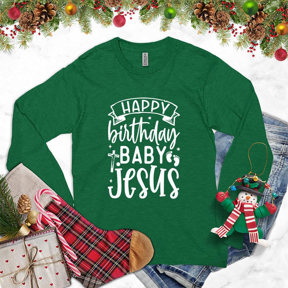Happy Birthday Baby Jesus Long Sleeves Kelly - "Happy Birthday Baby Jesus" festive long sleeve shirt with playful design