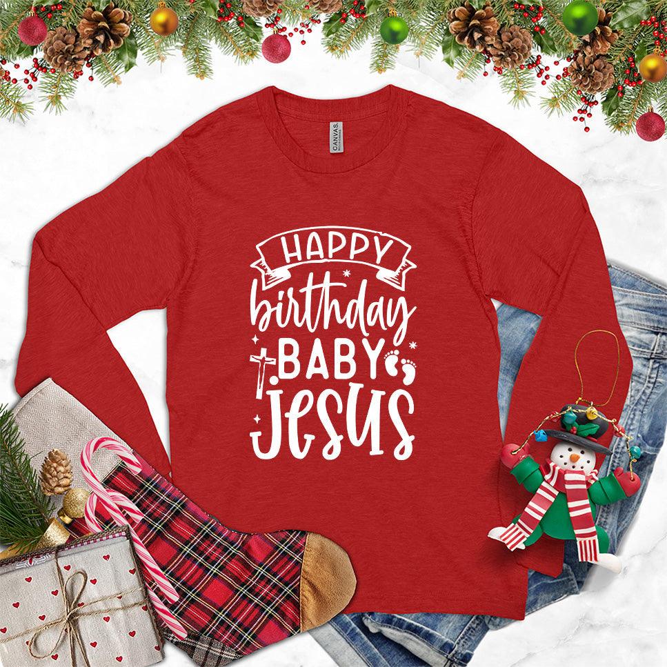 Happy Birthday Baby Jesus Long Sleeves Red - "Happy Birthday Baby Jesus" festive long sleeve shirt with playful design