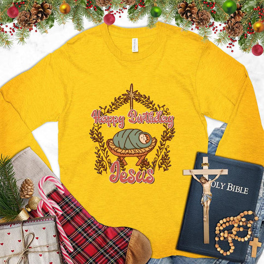 Happy Birthday Jesus Colored Edition Long Sleeves Gold - Christmas themed Happy Birthday Jesus long sleeve tee with festive wreath design.