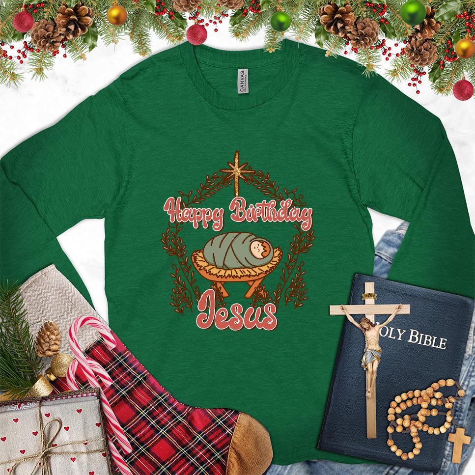 Happy Birthday Jesus Colored Edition Long Sleeves Kelly - Christmas themed Happy Birthday Jesus long sleeve tee with festive wreath design.