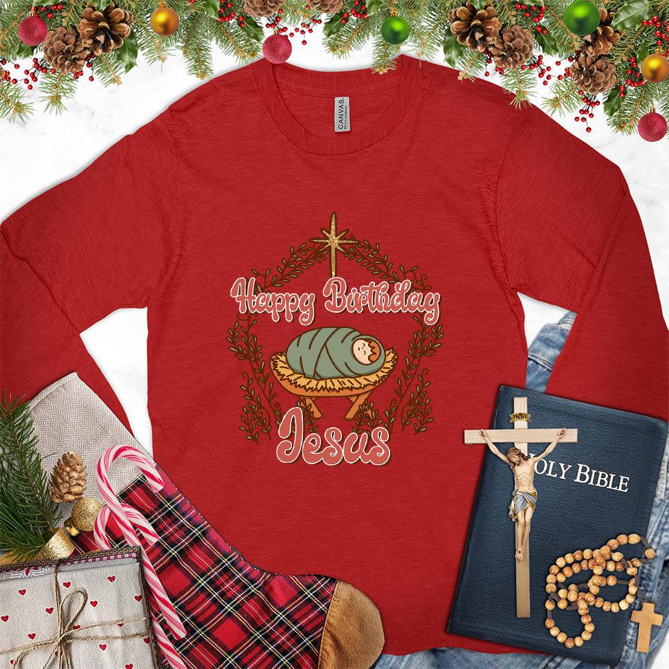 Happy Birthday Jesus Colored Edition Long Sleeves Red - Christmas themed Happy Birthday Jesus long sleeve tee with festive wreath design.