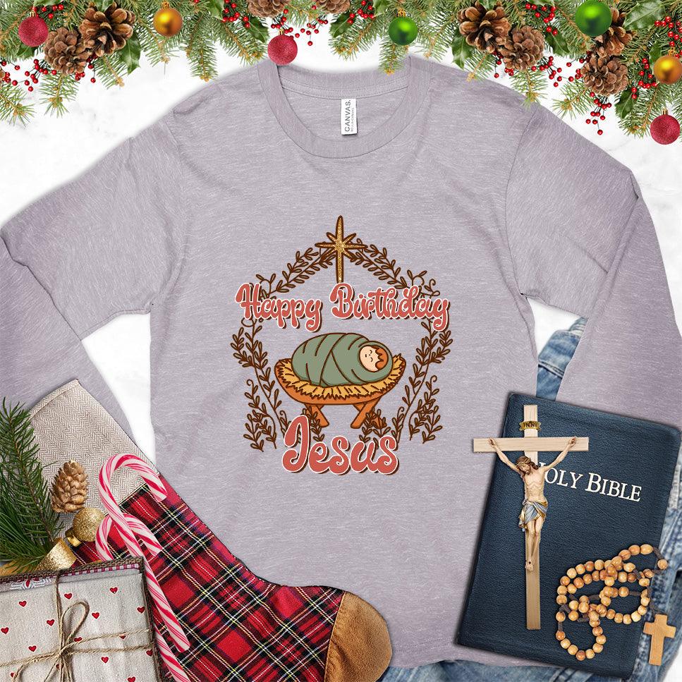 Happy Birthday Jesus Colored Edition Long Sleeves Storm - Christmas themed Happy Birthday Jesus long sleeve tee with festive wreath design.