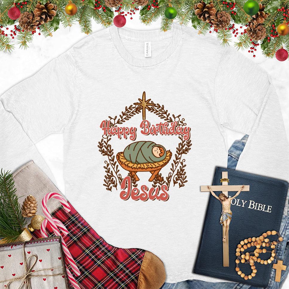 Happy Birthday Jesus Colored Edition Long Sleeves White - Christmas themed Happy Birthday Jesus long sleeve tee with festive wreath design.