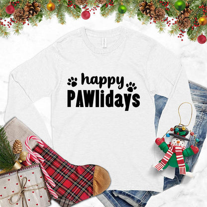 Happy Pawlidays Version 2 Long Sleeves White - Long sleeve shirt with playful 'Happy PAWlidays' design for holiday and pet enthusiasts