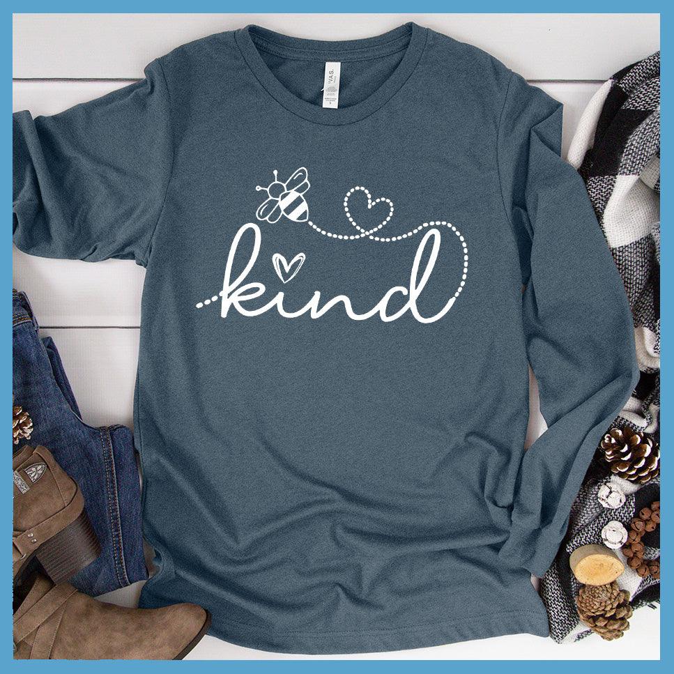 Bee Kind Long Sleeves Heather Slate - Graphic Bee Kind long sleeve tee with heart design promoting positivity and kindness.