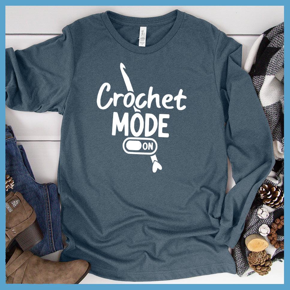 Crochet Mode ON Long Sleeves Heather Slate - Long-sleeve top with "Crochet Mode ON" design for craft enthusiasts.