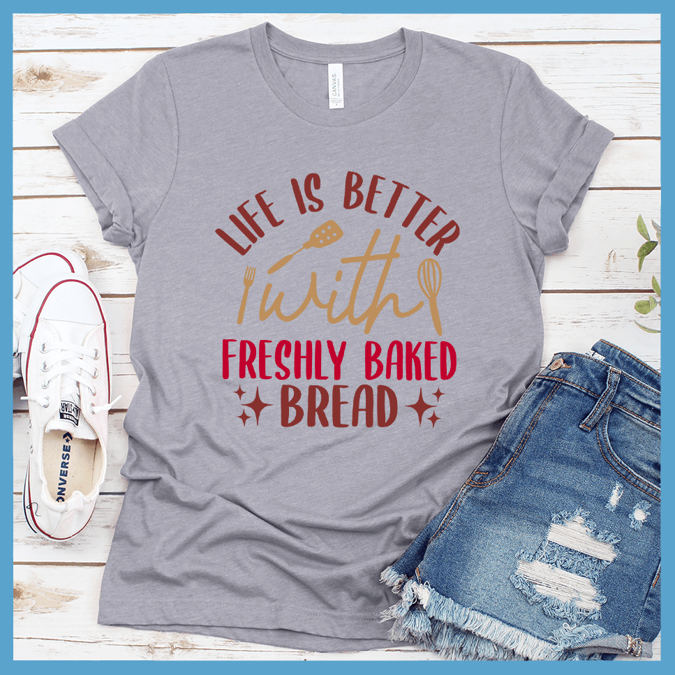 Life Is Better With Freshly Baked Bread T-Shirt Colored Edition Heather Stone - Graphic tee with 'Life Is Better With Freshly Baked Bread' design featuring whisk and rolling pin