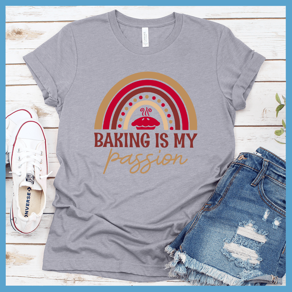 Baking Is My Passion T-Shirt Colored Edition Heather Stone - Graphic tee with 'Baking Is My Passion' text and colorful whisk design, perfect for culinary enthusiasts.