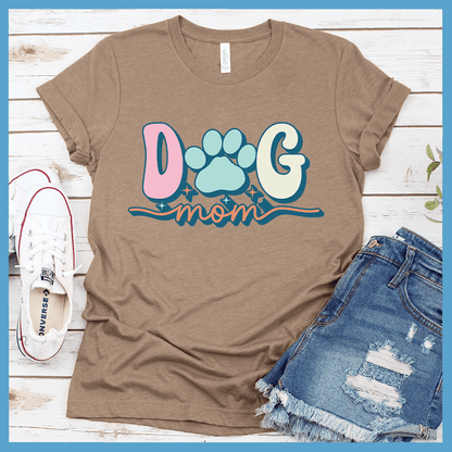 Dog Mom Colored Print T-Shirt Heather Tan - Chic 'Dog Mom' graphic t-shirt with paw design, perfect for canine lovers