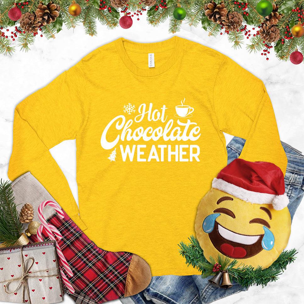 Hot Chocolate Weather Long Sleeves Gold - Long sleeve top with hot chocolate cup and snowflakes design for winter comfort.