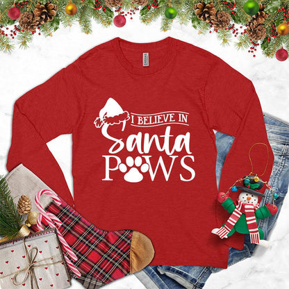 I Believe In Santa Paws Long Sleeves Red - Graphic long sleeve tee with festive Santa Paws design, perfect for holiday season.