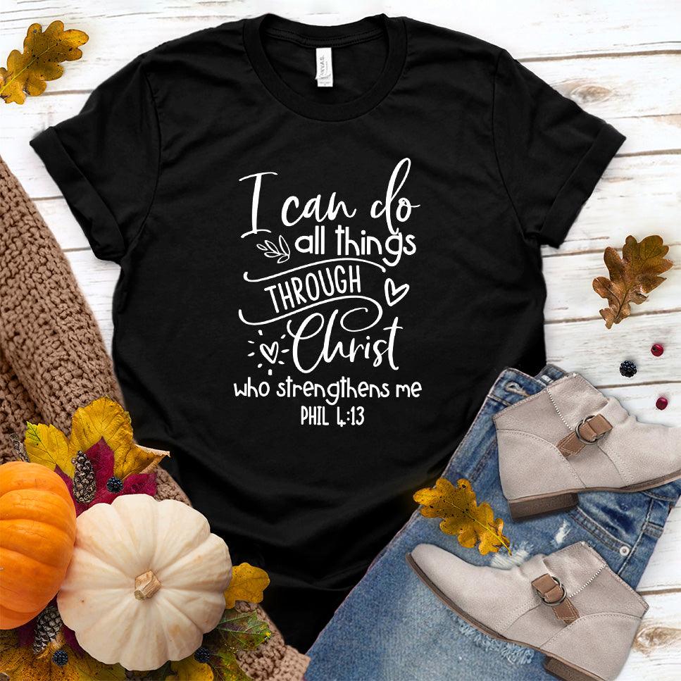 I Can Do All Things T-Shirt Black - Inspirational "I Can Do All Things" quote t-shirt laid flat with casual shoes and jeans.