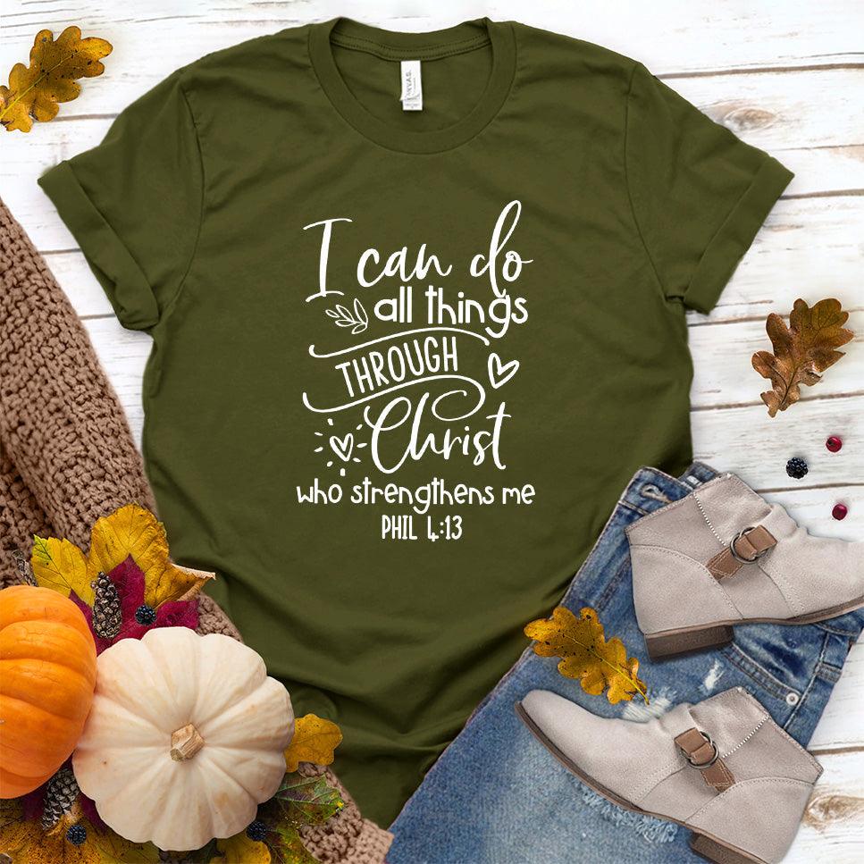 I Can Do All Things T-Shirt Olive - Inspirational "I Can Do All Things" quote t-shirt laid flat with casual shoes and jeans.