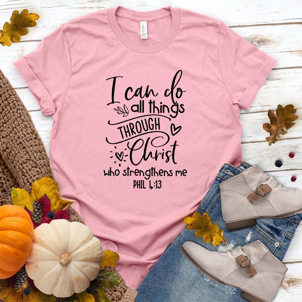 I Can Do All Things T-Shirt Pink - Inspirational "I Can Do All Things" quote t-shirt laid flat with casual shoes and jeans.