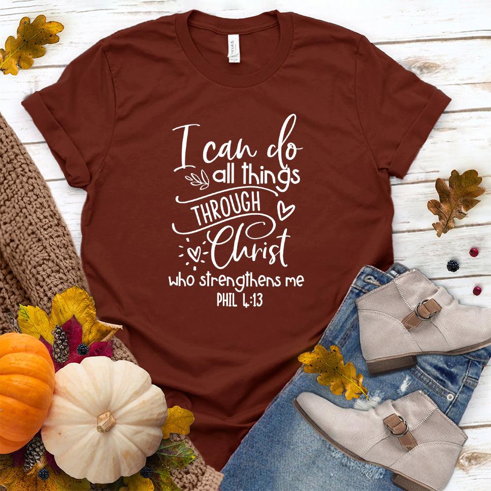 I Can Do All Things T-Shirt Rust - Inspirational "I Can Do All Things" quote t-shirt laid flat with casual shoes and jeans.
