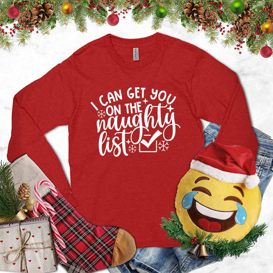 I Can Get You On The Naughty List Long Sleeves Red - Long sleeve holiday tee with cheeky "Naughty List" script and Santa hat design