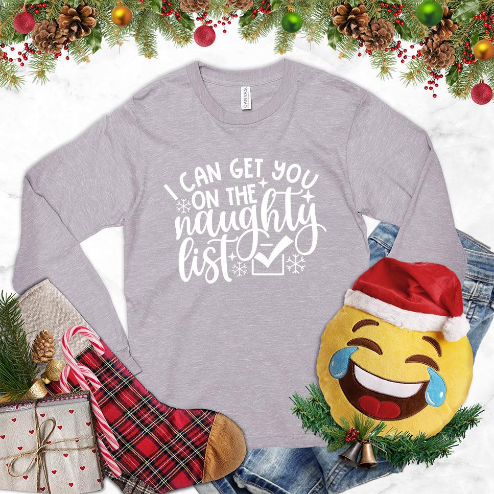 I Can Get You On The Naughty List Long Sleeves Storm - Long sleeve holiday tee with cheeky "Naughty List" script and Santa hat design