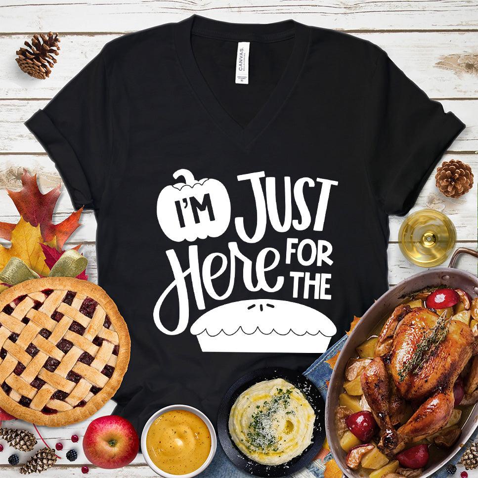 I'm Just Here For The Pie Version 2 V-Neck Black - Humorous 'I'm Just Here For The Pie' text on V-neck tee, ideal for casual style lovers.